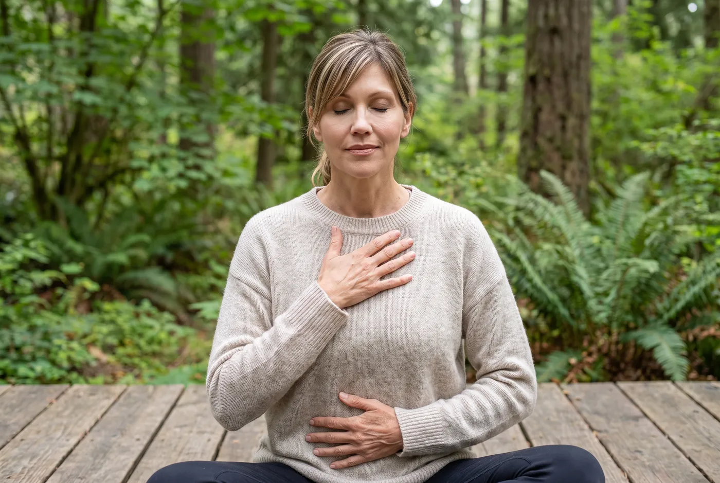 Maria Zilka sitting quietly outdoors with a hand on her chest