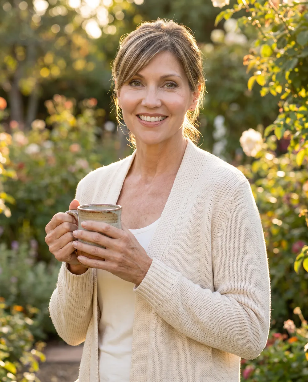 Maria Zilka in a garden holding a cup of herbal tea