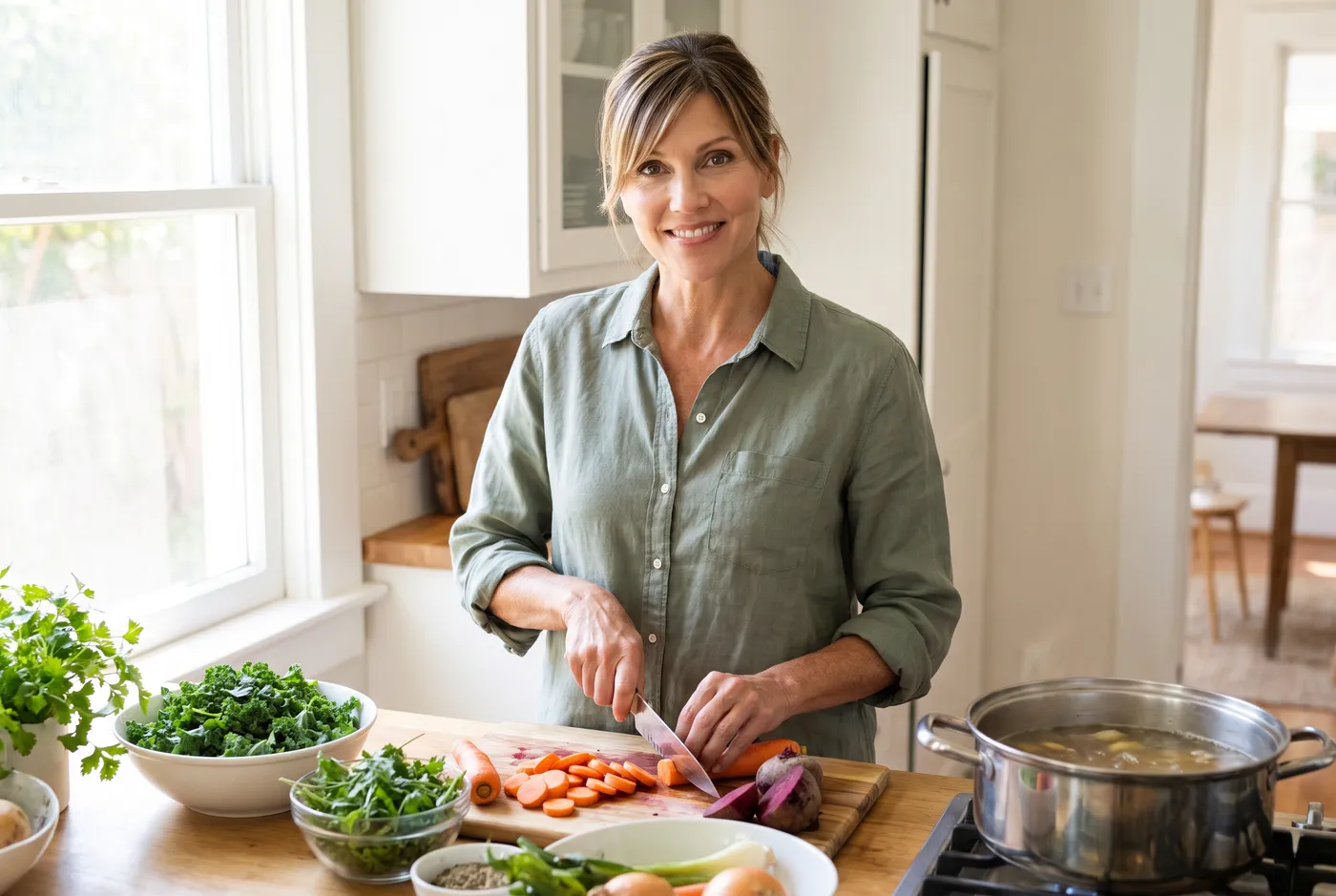 Maria Zilka preparing colorful vegetables in her kitchen
